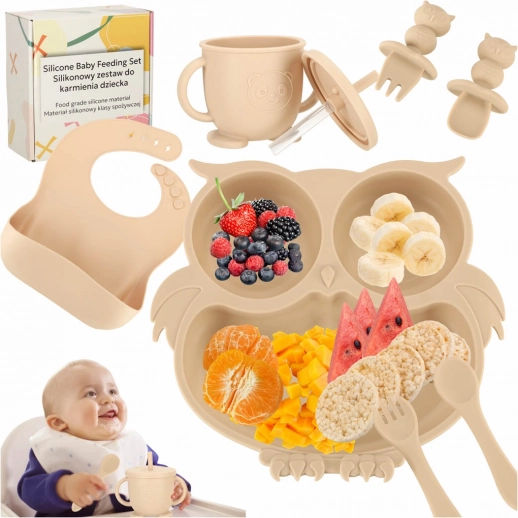 Siliconen eetset voor kinderen met uilenmotief, 8-delig, beige