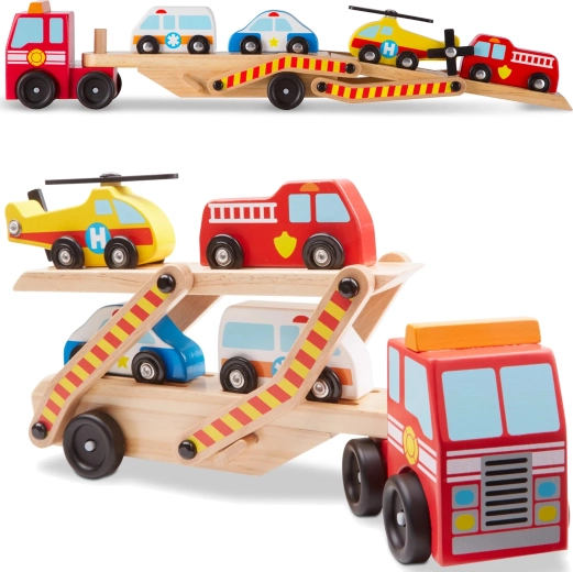 Melissa & Doug houten transporter voor reddingsvoertuigen met autootjes (6-delige set)