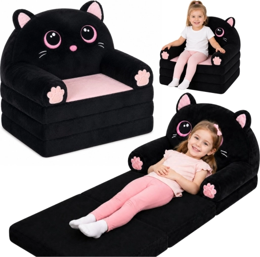Uitklapbare kinderstoel 2-in-1 kat – pluche, zwart