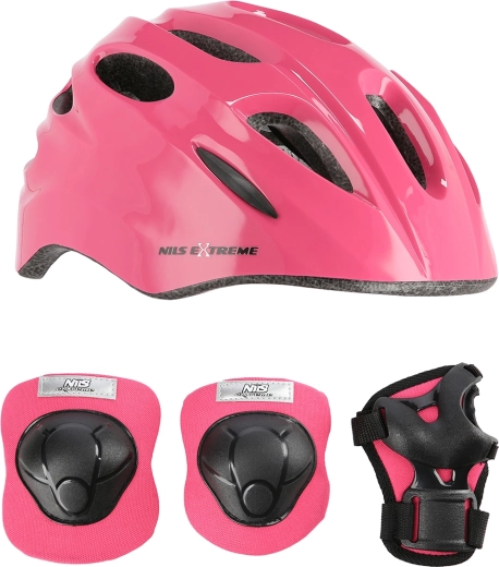 Kinderhelm- en beschermerset NILS Extreme roze – MAAT XS
