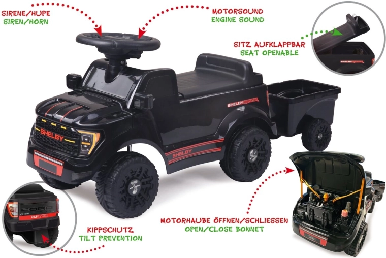 Zwarte Shelby Ford F-150 Raptor loopauto met aanhanger