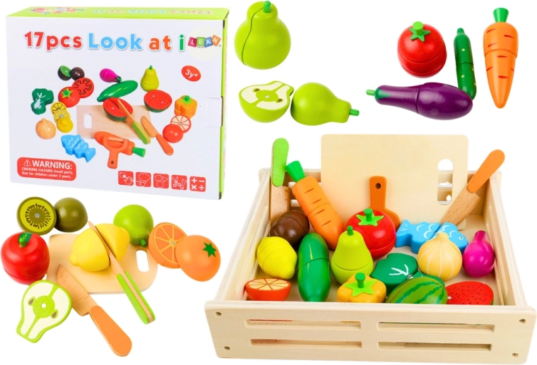 Houten set fruit en groenten in een kistje met magneten voor de kinderkeuken