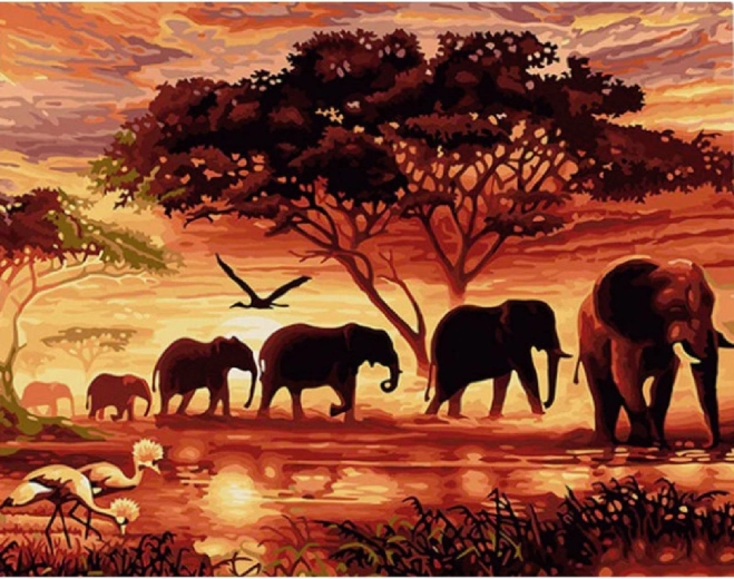 Norimpex schilderen op nummer Olifantenkudde bij zonsondergang 40 × 50 cm
