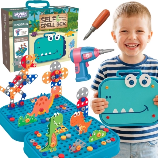 Woopie set kleine klusser 3D bouwset dino met schroefjes en boormachine in koffer