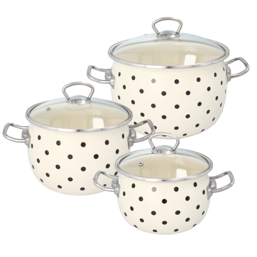 Set van 3 geëmailleerde pannen met deksels, witte stippen, 2,5 l, 3,5 l, 5 l