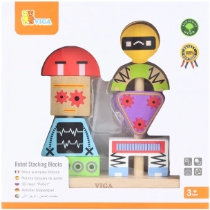 Houten stapelpiramide ROBOTS met voorbeeldkaarten, 8 delen – VIGA