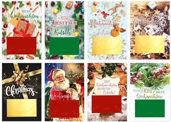 Kerstwens met envelop voor bankbiljet – 80 stuks, 8 motieven