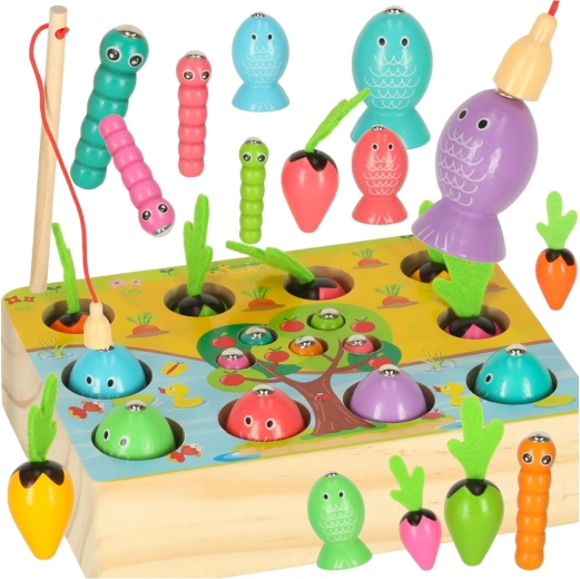 Houten Montessori-spel: magnetisch vissen, wormpjes en het oogsten van worteltjes
