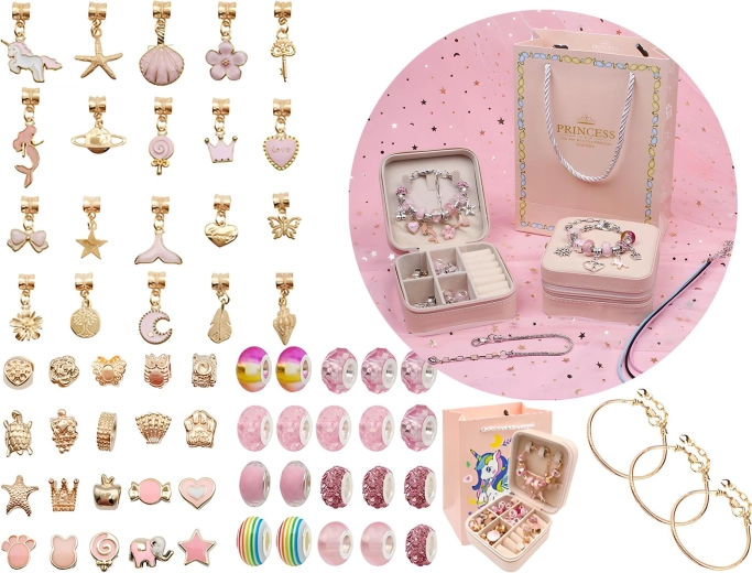Set voor het maken van sieraden en armbanden met bedels en kralen in roze tinten
