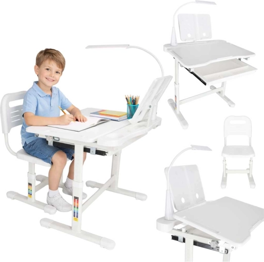 Meegroeiend kinderbureau met stoel en LED-lamp, wit