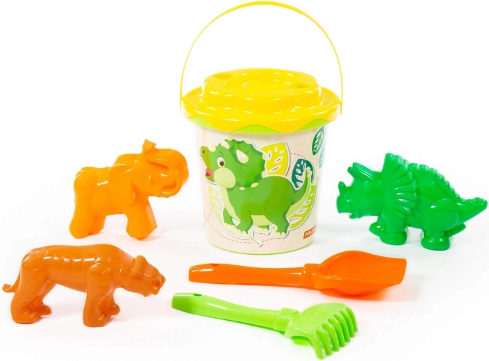Kinderzandset Dino – emmer, schepje, harkje en vormpjes