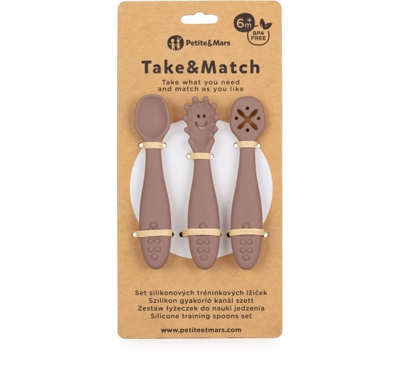 Petite&Mars set van 3 siliconen trainingslepeltjes Take&Match velvet latte 6m+
