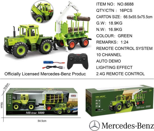 Groene RC-tractor Mercedes-Benz met houtaanhanger en kraan 1:24