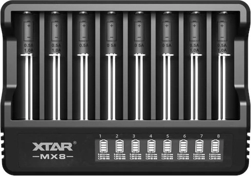 XTAR mx8 acculader voor li‑ion- en ni‑mh-accu’s