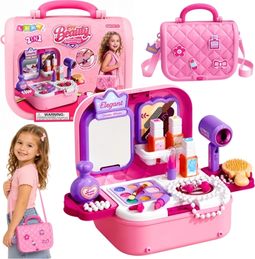 Draagbare kinder-cosmeticset 2-in-1 in een koffertje met spiegeltje en accessoires - 1 stuk