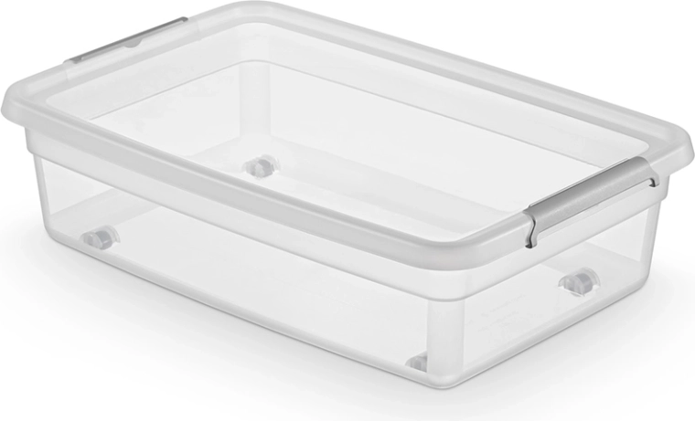 Basestore opbergbox met deksel, clips en wieltjes 29 l (laag profiel)