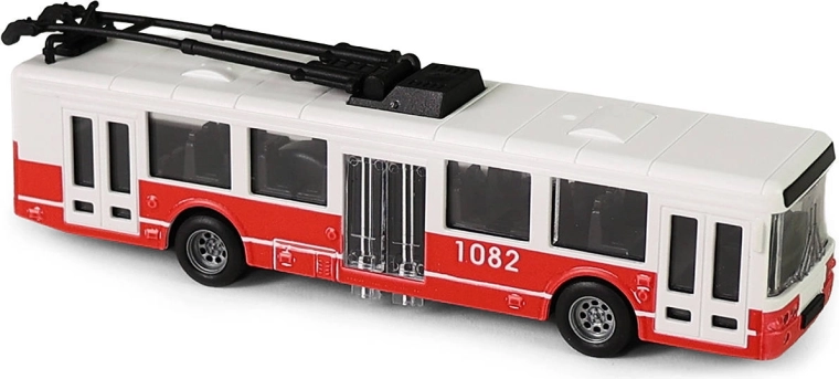 Rode trolleybus met vliegwiel en openslaande deuren