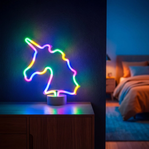 Kleurrijke neon-LED-lamp in de vorm van een eenhoorn