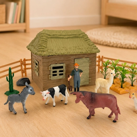5 boerderijdieren + boer met hooivork
