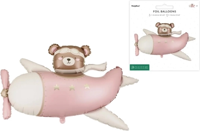Folieballon Teddybeer in een vliegtuig (lichtroze)