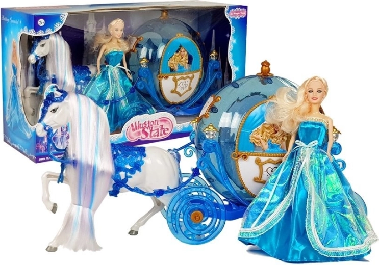 Pop met koets en paard om te kammen – blauwe set