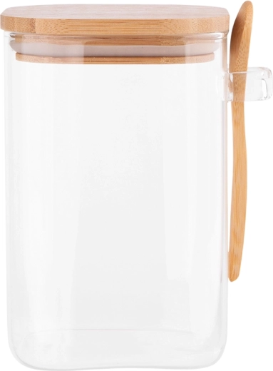 Vierkante borosilicaat bewaardoos 1 l met bamboe deksel en lepel