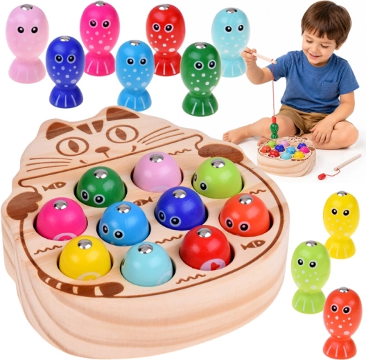 Houten magnetisch visspel met kat (13 onderdelen)
