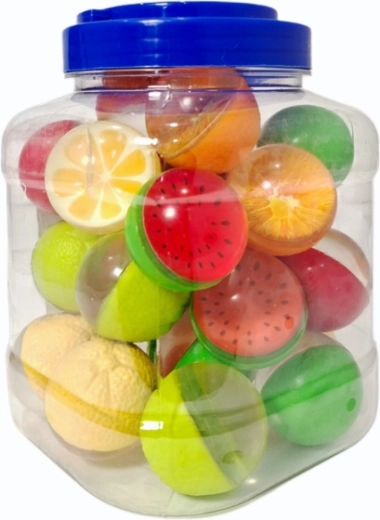 Rubberen balletjes met fruitmotieven 4 cm, 25 stuks in pot
