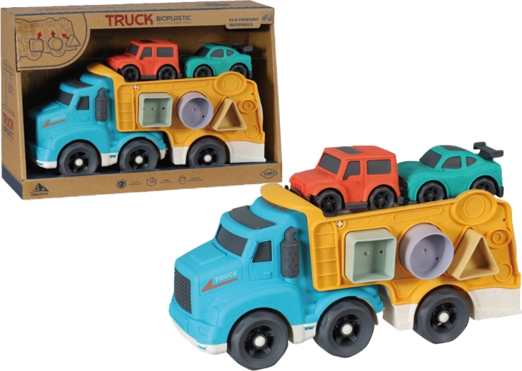 Bioplastische transporttruck met autootjes en vormensorteerder 29 cm