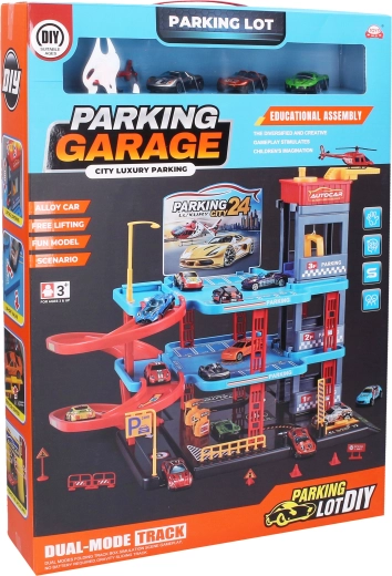 Garage met twee verdiepingen met lift, 3 metalen autootjes en een helikopter
