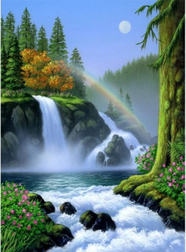Diamantmozaïek (diamond painting) waterval met regenboog 30 × 40 cm - 1 stuk