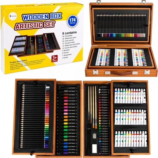 Grote tekenset in houten koffer voor schilderen en tekenen (174 stuks)