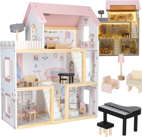 Houten poppenhuis met meubels en LED-verlichting 78 cm roze