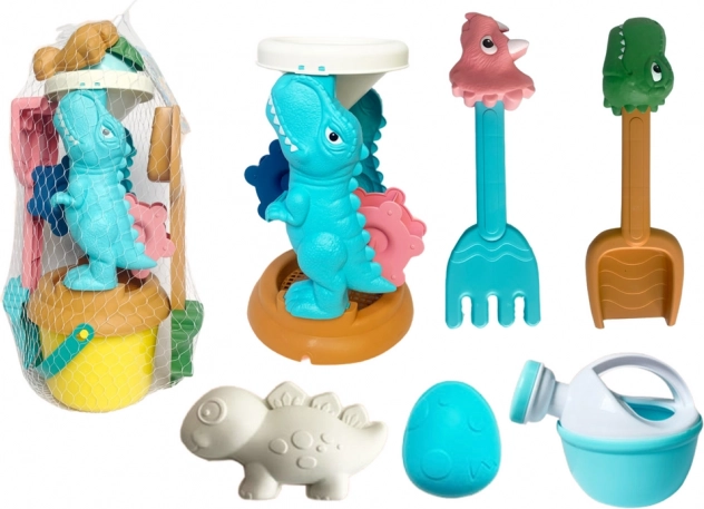 Kinderset voor in het zand met dinosaurusmolentje, emmer en vormpjes