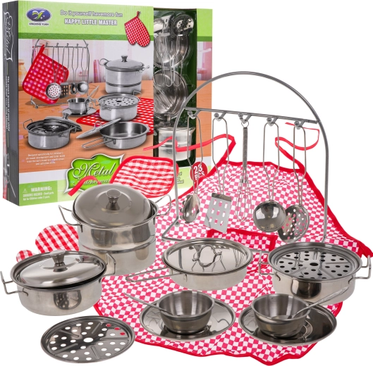 Metalen keukenset voor kinderen, 23-delig, met servies, bestek en koksenschort