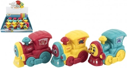 Kleine plastic locomotief met vliegwielaandrijving 8 cm voor de allerkleinsten – 3 kleuren