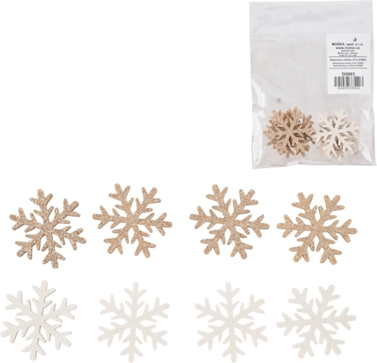 Houten sneeuwvlokken wit/bruin 4 cm, 8 stuks