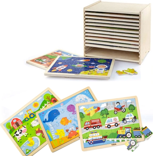 Houten puzzels Viga – set van 12 framepuzzels met 24 stukjes op een standaard