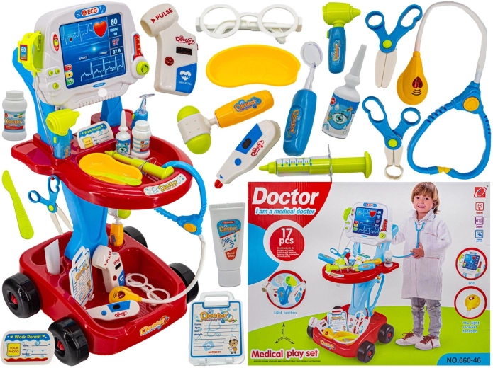 Kinderdokterskar met EKG-monitor en accessoires rood