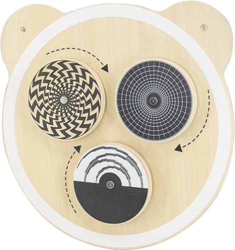 Houten wandbord met draaiende schijven
