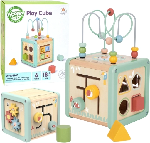 Houten activitykubus WOOPIE GREEN – multifunctionele educatieve sorter
