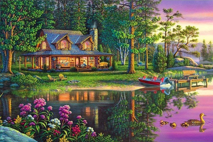 Norimpex Schilderen op nummer Huis in het bos bij de vijver 40 × 50 cm