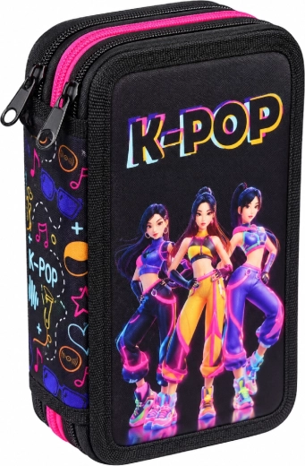 Driedelige, volledig uitgeruste schoolpennenetui K-Pop Demon Hunters Huntrix, zwart
