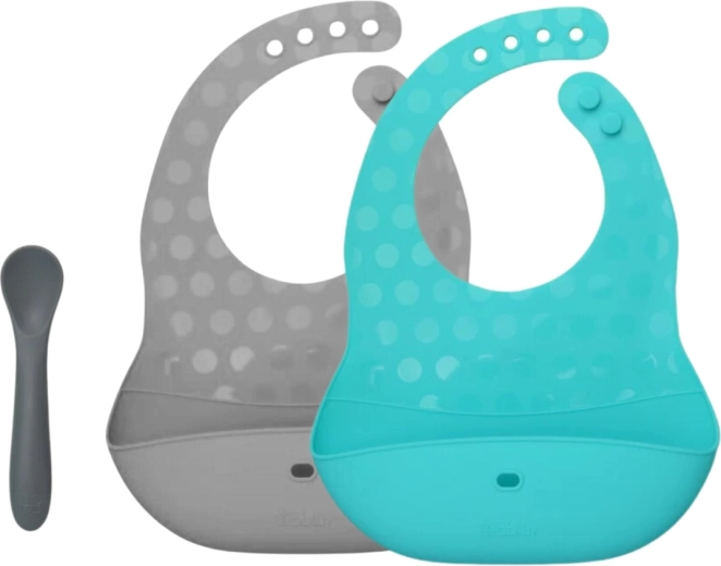 Bblüv Pöket set van siliconen slabbetjes en lepeltje aqua/grijs