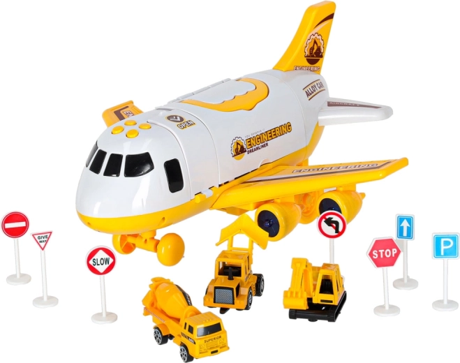 Bouwmachines en verkeersborden in de set