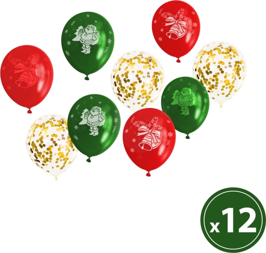 Set kerstballonnen in rood, groen en goud, 12 stuks