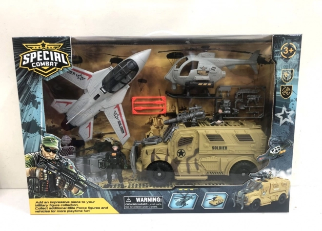 Grote militaire set met jachtvliegtuig en gevechtstechniek