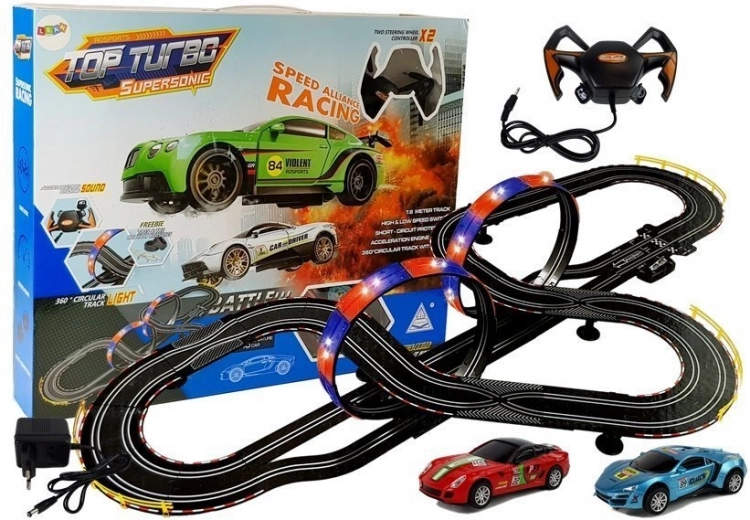 Racebaan 1:43 met 2 autootjes Top Turbo met verlichting, lengte 7,6 m