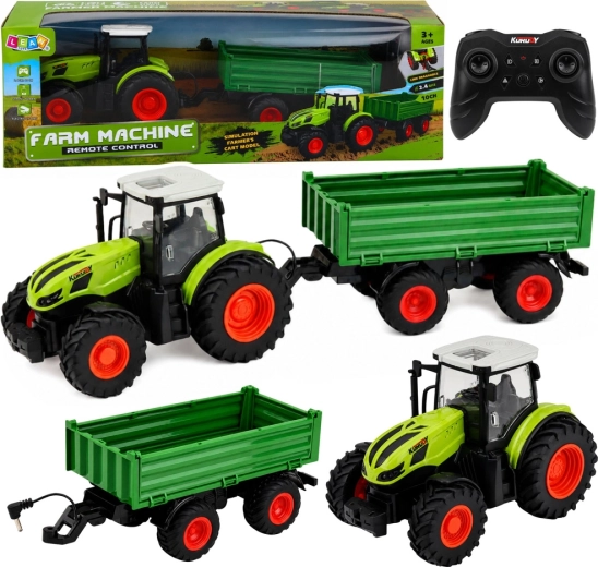 Op afstand bestuurbare boerentractor met afkoppelbare aanhanger 1:24