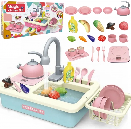 Kinderkeukenspoelbak met stromend water en accessoires – blauw